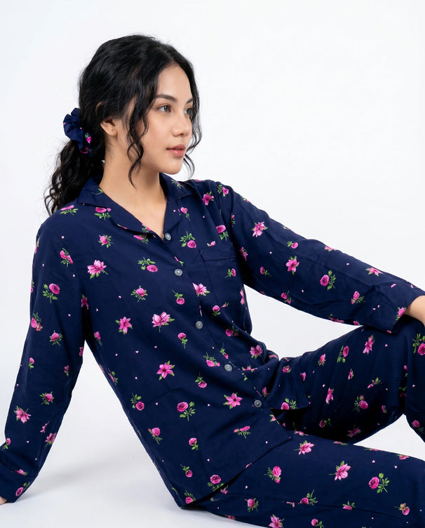 Sajiero Linen Pajama Suit - Night Rose