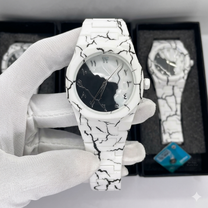 Original WHITE MARBLE Arabic Aura Waterproof Wrist Watch: Trending Matte Finish Luxury Timepiece for Men & Boys special Premium Arabic Aura Watch 2026 watch: Luxury Minimalist Design with Butterfly Clasp & Fiber Chain for Men