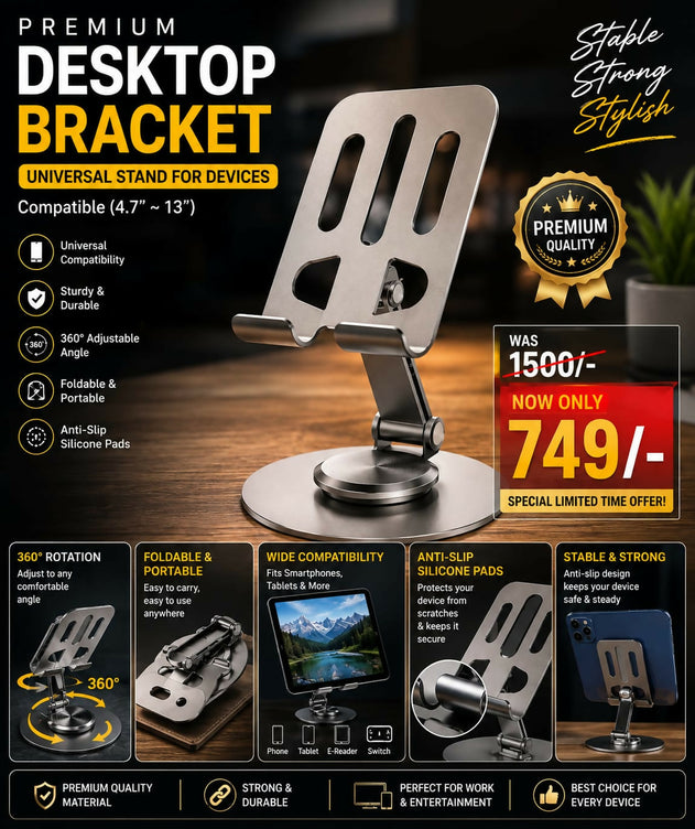 Premium Metal Desktop Bracket - 360° Rotating Universal Mobile & Tablet Stand - Foldable Multi-Angle Adjustable Heavy Duty Holder For Desk, Office, iPhone, iPad, Switch (4.7" to 13")