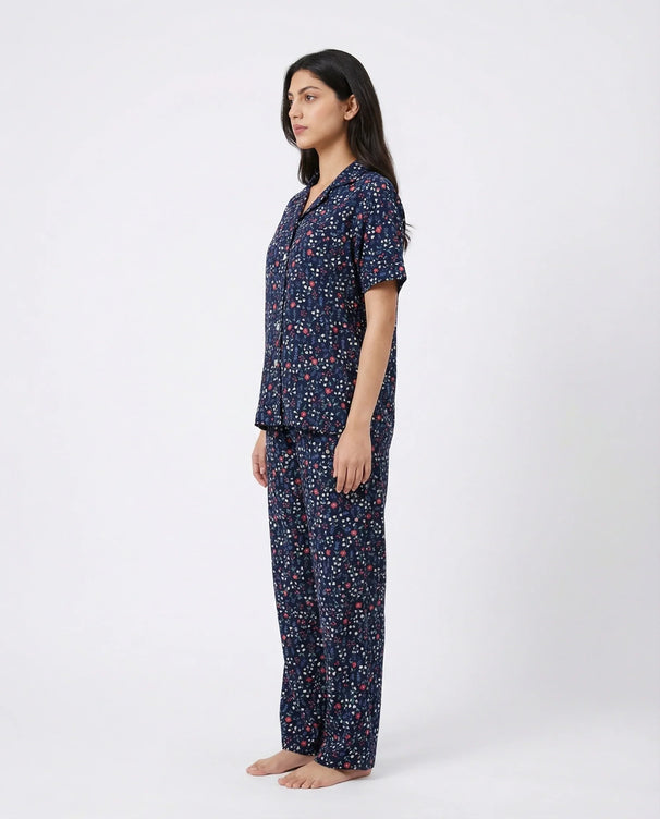 Sajiero Linen Pajama Suit - Midnight Flora - Blue