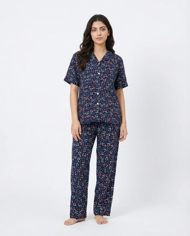 Sajiero Linen Pajama Suit - Midnight Flora - Blue