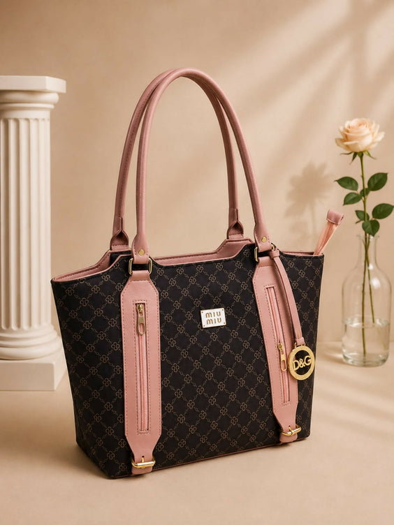 Elegant Monogram Pattern Shoulder Tote Bag for Women - Spacious Printed Handbag with Front Pocket