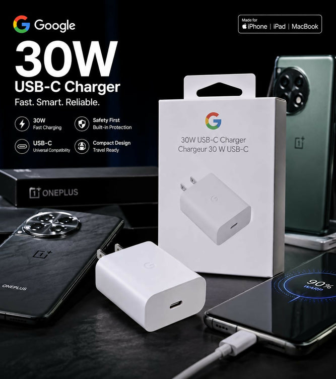 Google 30W USB-C Fast Charger Power Adapter, Ultra Compact Travel Ready Wall Charger with Built-in Safety Protection, Universal Compatibility for iPhone 15/14/13, iPad, MacBook, OnePlus, & Android Phones