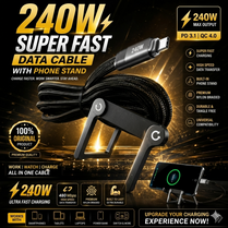 ORIGINAL USA 2-in-1 USB-C to USB-C Fast Charging Cable 240W with Built-in Foldable Mobile Phone Stand | 1.5M Heavy Duty Nylon Braided Data Cord | 90 Degree Angled Gaming Cable Holder for iPhone 15/16/17, Samsung, Huawei, Xiaomi
