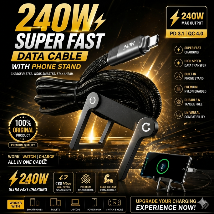 ORIGINAL USA 2-in-1 USB-C to USB-C Fast Charging Cable 240W with Built-in Foldable Mobile Phone Stand | 1.5M Heavy Duty Nylon Braided Data Cord | 90 Degree Angled Gaming Cable Holder for iPhone 15/16/17, Samsung, Huawei, Xiaomi