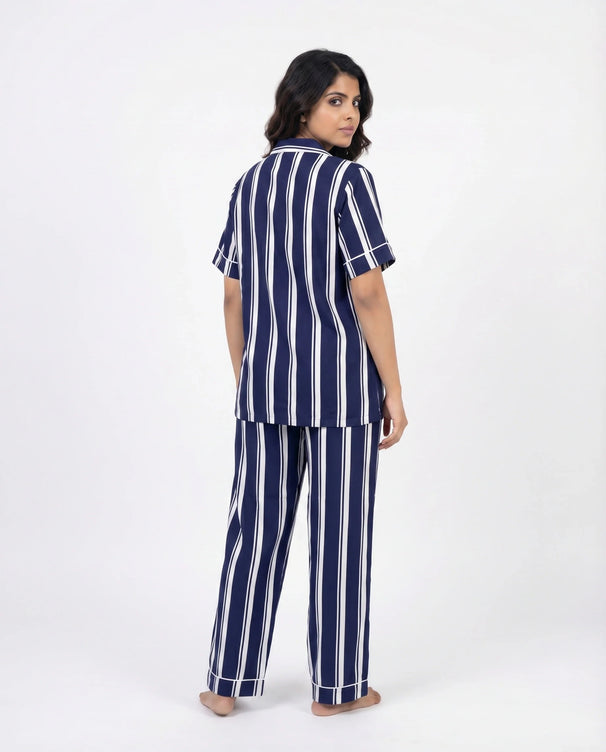 Sajiero Linen PJ Set - Navy Stripe