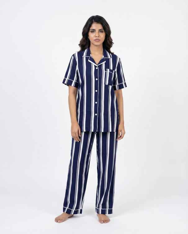Sajiero Linen PJ Set - Navy Stripe