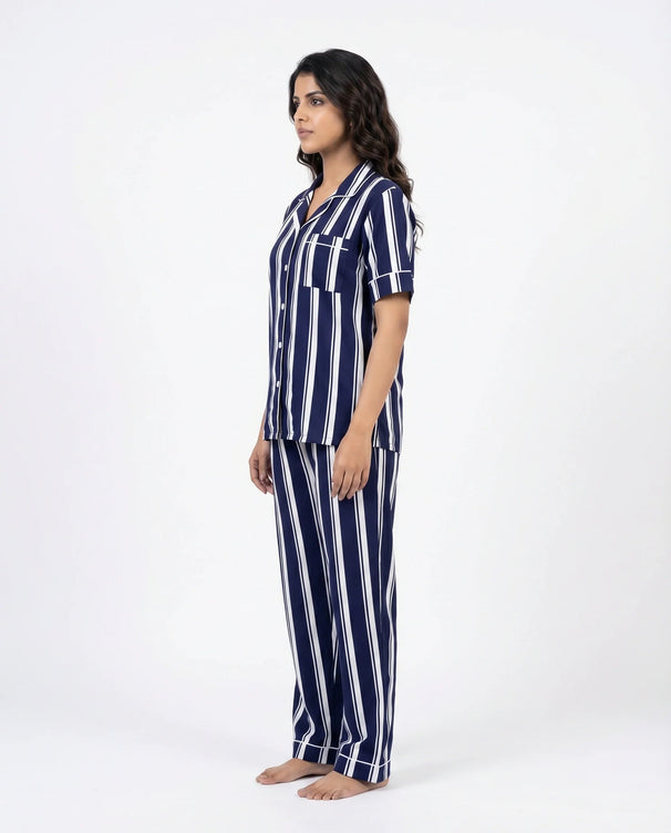 Sajiero Linen PJ Set - Navy Stripe