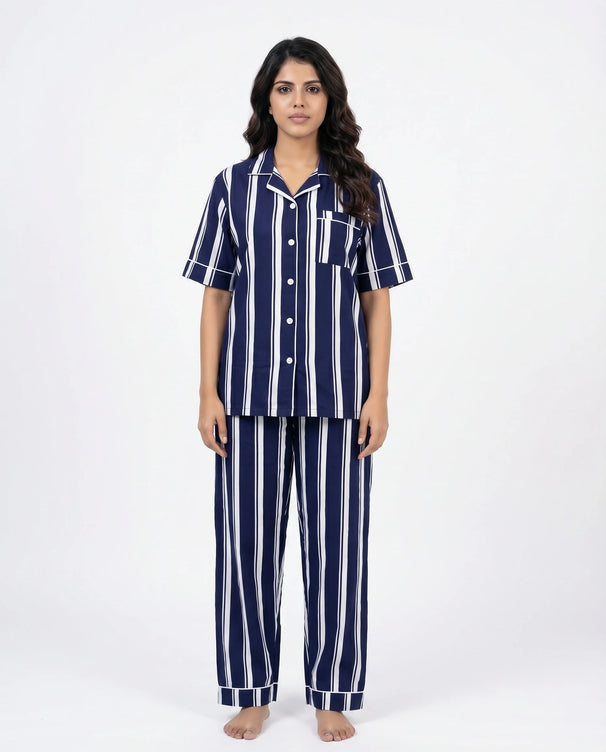 Sajiero Linen PJ Set - Navy Stripe