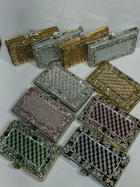 Floral Crystal Bordered Hard Case Clutch Bag for Women - Elegant Formal Evening & Party Purse