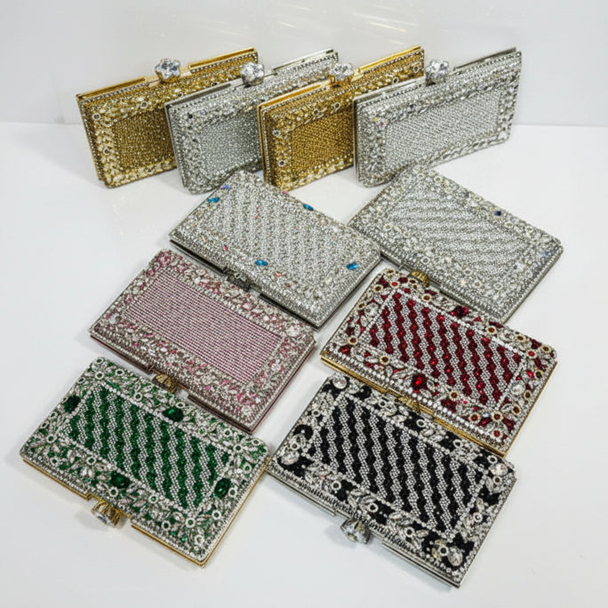 Floral Crystal Bordered Hard Case Clutch Bag for Women - Elegant Formal Evening & Party Purse