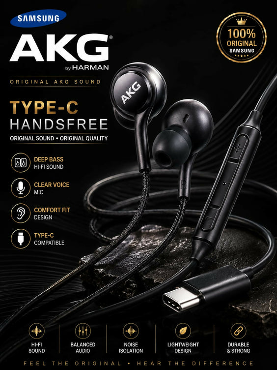 Original Samsung AKG Type-C Handsfree Premium Deep Bass Wired Earphones Noise Isolating Gaming Headphones With Mic For All Android Devices, Type-C iPhones & iPad
