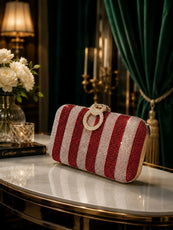 Glamorous Diamond Mesh Striped Clutch Purse for Women & Girls - Stylish Metal Handle Party Handbag