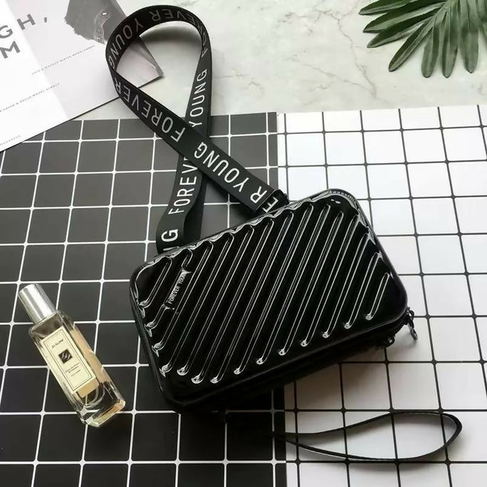 Trendy Mini Suitcase Hard Shell Crossbody Bag for Women - Compact Fiber Hardcase Shoulder Purse with Adjustable Strap