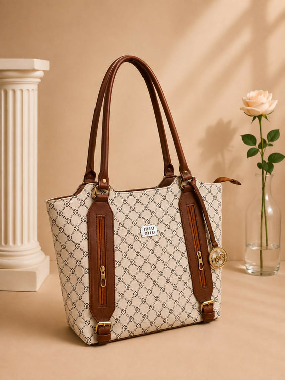 Elegant Monogram Pattern Shoulder Tote Bag for Women - Spacious Printed Handbag with Front Pocket