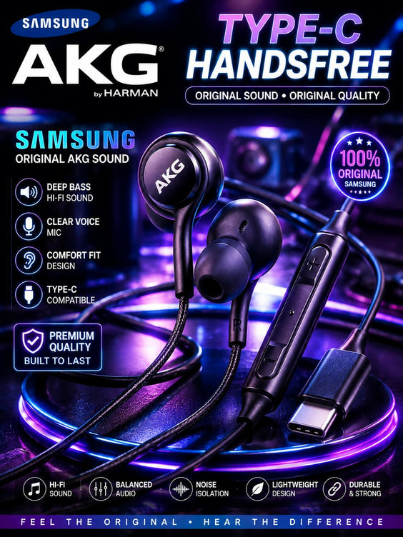 Original Samsung AKG Type-C Handsfree Premium Deep Bass Wired Earphones Noise Isolating Gaming Headphones With Mic For All Android Devices, Type-C iPhones & iPad