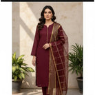 3 Pieces Unstitched Katan Silk Plain Shirt & Trouser With Organza Lining Dupatta For Womens & Girls