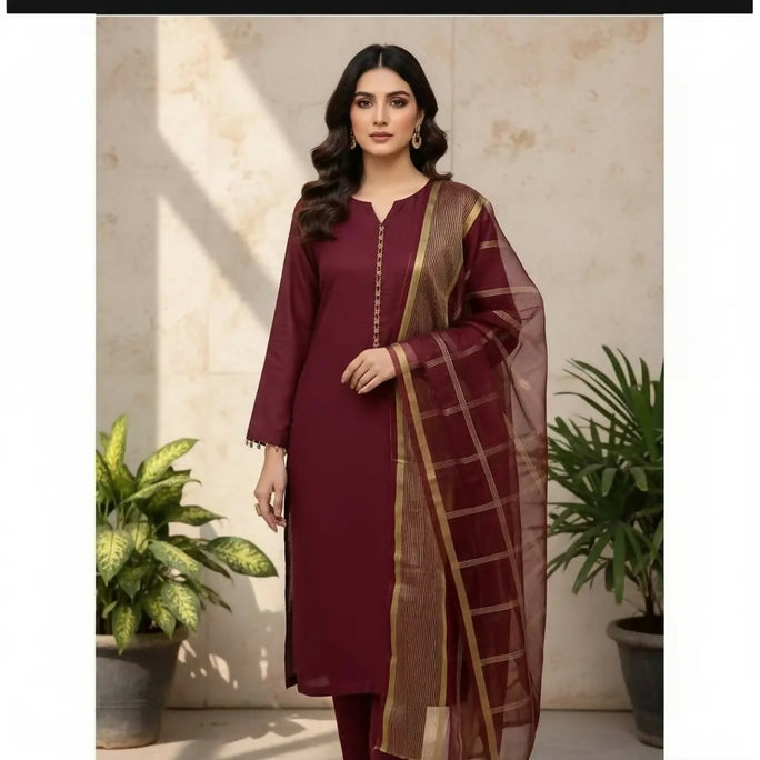 3 Pieces Unstitched Katan Silk Plain Shirt & Trouser With Organza Lining Dupatta For Womens & Girls