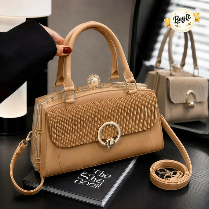 Chic Rhinestone Flap Medium Frame Handbag for Women & Girls - PU Leather Shoulder Bag with Top Clasp