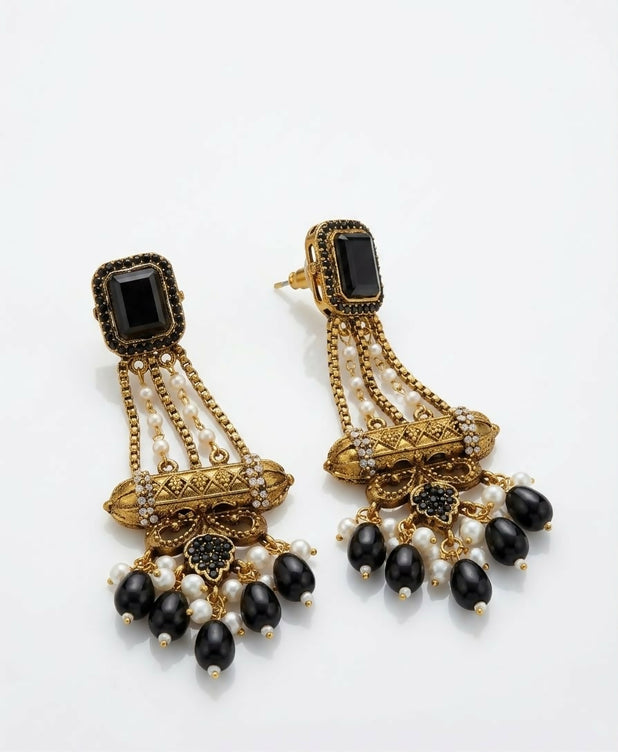 Elegant Turkish Manjus Long Drop Earrings for Women - Traditional Antique Style Filigree Hanging Earrings with Pearl Accents