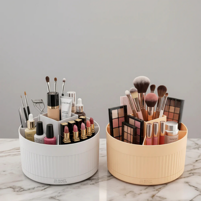 360° Rotating Makeup Organizer Plastic Cosmetic Storage Box – Makeup Brush Holder, Lipstick & Skincare Organizer for Dressing Table