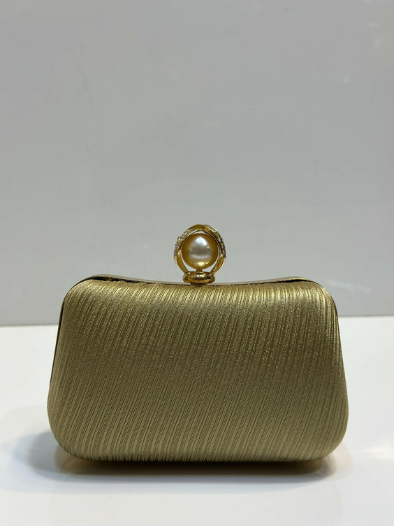 Silk Textured Hard Case Evening Clutch Bag for Women - Elegant Pearl Top Lock Party & Bridal Purse