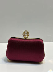 Silk Textured Hard Case Evening Clutch Bag for Women - Elegant Pearl Top Lock Party & Bridal Purse