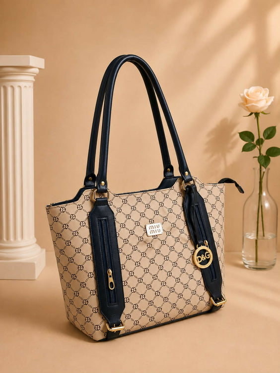 Elegant Monogram Pattern Shoulder Tote Bag for Women - Spacious Printed Handbag with Front Pocket