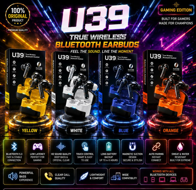ORIGINAL U39 Gaming Earbuds Bluetooth 5.3 Wireless Headphones - Low Latency True Wireless TWS - Deep Bass Sound, 5H Battery, Touch Control, Sweatproof Earphones With Mic Works With All Devices