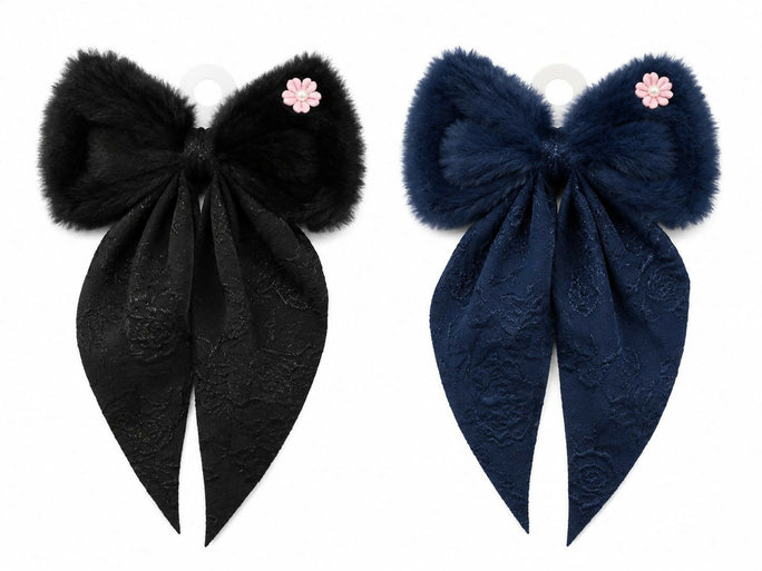 White Plush Fur Hair Bow Clip for Women & Girls | Off White Velvet Floral Ribbon Hair Barrette | Soft Winter Hair Accessories for Wedding, Party & Casual Wear