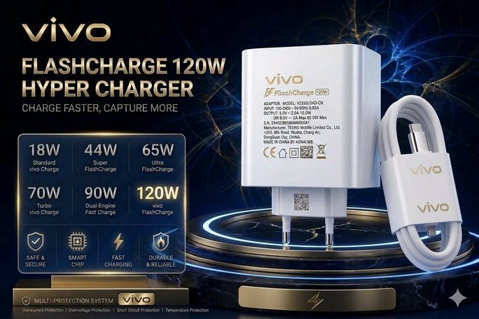 Original Vivo 120W Flash Charger Type-C Cable | Premium Super Fast Charging Adapter for Vivo V23 V20 V21 Y73 Z1x | Genuine Dual Engine QC 4.0 Fast Charge