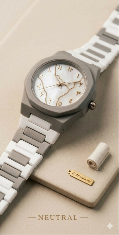 Original GRAY WHITE Arabic Aura Waterproof Wrist Watch: Trending Matte Finish Luxury Timepiece for Men & Boys special Premium Arabic Aura Watch 2026 watch: Luxury Minimalist Design with Butterfly Clasp & Fiber Chain for Men