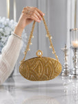 Hand Beaded Oval Evening Clutch Bag for Women - Pearl Top Clasp with Detachable Chain Strap