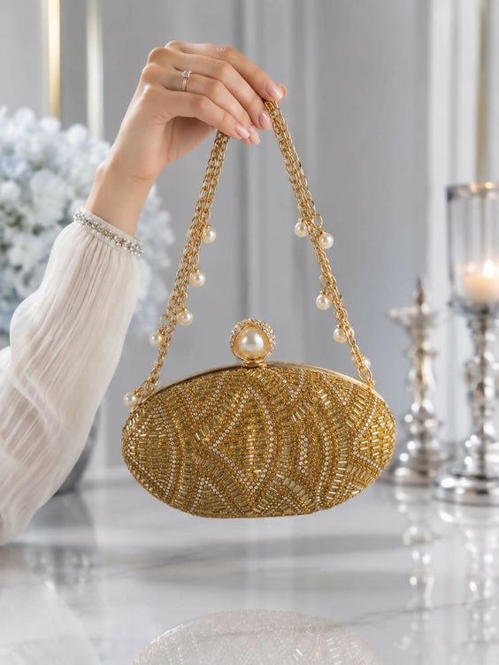 Hand Beaded Oval Evening Clutch Bag for Women - Pearl Top Clasp with Detachable Chain Strap