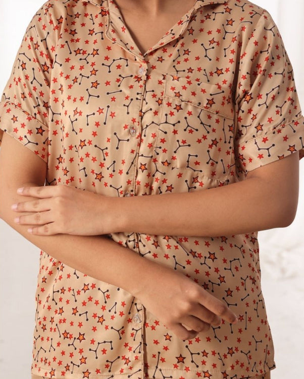 Sajiero Silk Pajama Suit with Scrunchie - Starlight Dream