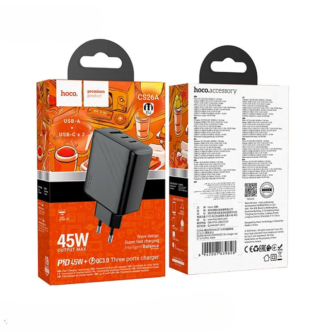 HOCO CS26A 45W 3-Port Fast Wall Charger 2x Type C + USB-A