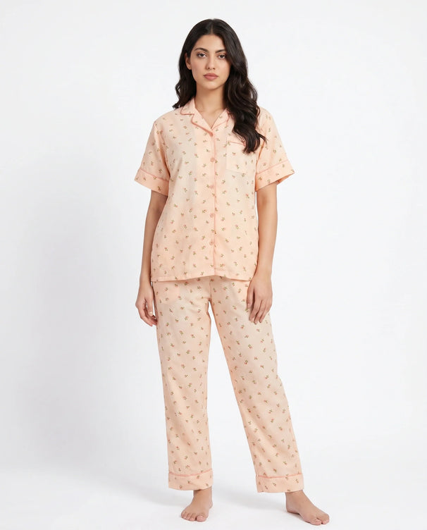 Sajiero Summer Crinkled Pajama Suit - Flora - Peach