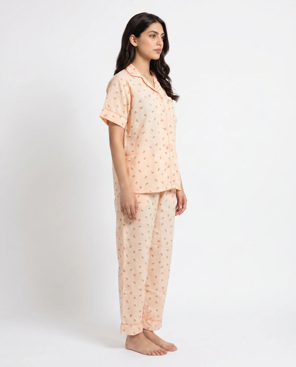 Sajiero Summer Crinkled Pajama Suit - Flora - Peach