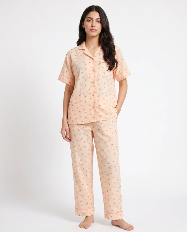 Sajiero Summer Crinkled Pajama Suit - Flora - Peach