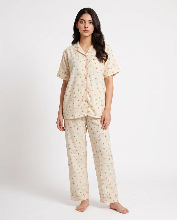 Sajiero Summer Crinkled Pajama Suit - Flora - Beige