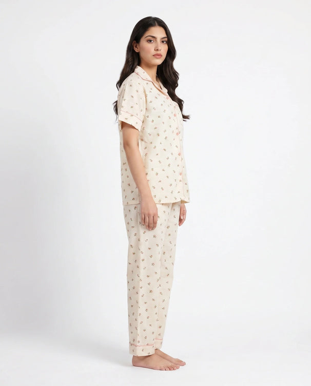 Sajiero Summer Crinkled Pajama Suit - Flora - Beige