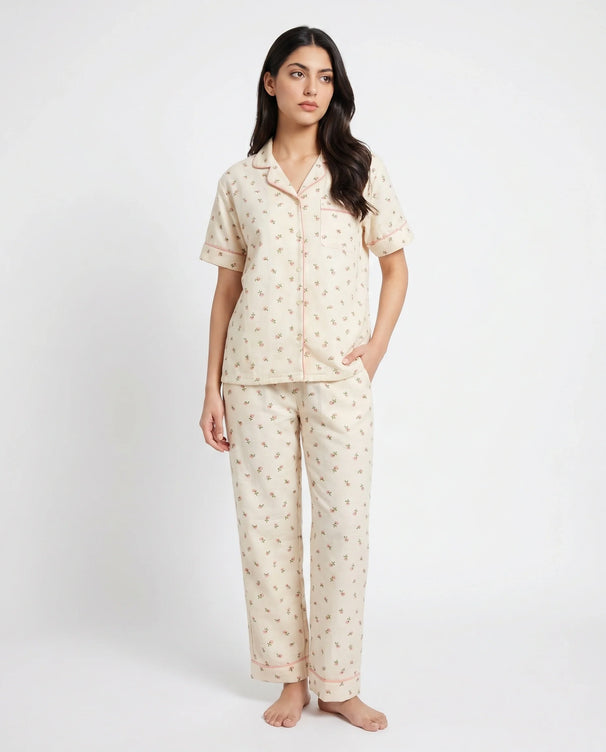 Sajiero Summer Crinkled Pajama Suit - Flora - Beige