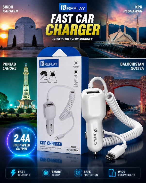 REPLAY 2.4A Fast Car Charger Adapter with Strong Coiled Cable | Smart IC Chip Rapid Charging & Multi-Protection Safety | Heavy Duty Universal Dual USB Car Charger for All Smartphones (Model: RP-11)