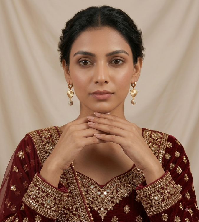 Gold Textured Heart & Crystal Ball Dangle Earrings for Women - Sparkly Huggie Hoop Drop Earrings with Pave Sphere Accent