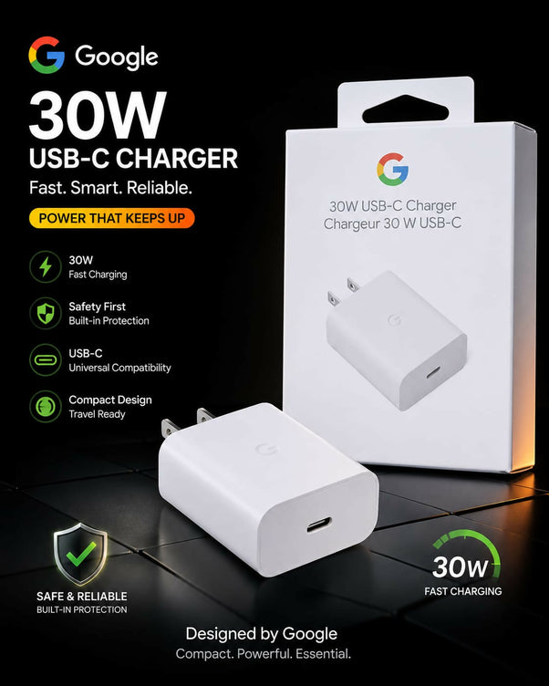 Google 30W USB-C Fast Charger Power Adapter, Ultra Compact Travel Ready Wall Charger with Built-in Safety Protection, Universal Compatibility for iPhone 15/14/13, iPad, MacBook, OnePlus, & Android Phones