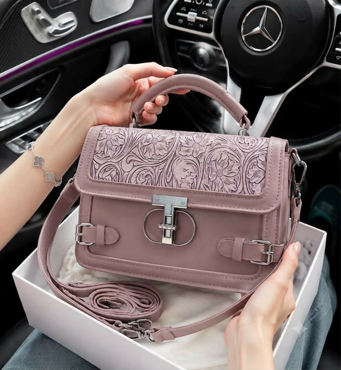 Trendy Leather Crossbody Shoulder Handbag for Women - Classic Lock Accent Top Handle Purse