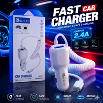 REPLAY 2.4A Fast Car Charger Adapter with Strong Coiled Cable | Smart IC Chip Rapid Charging & Multi-Protection Safety | Heavy Duty Universal Dual USB Car Charger for All Smartphones (Model: RP-11)
