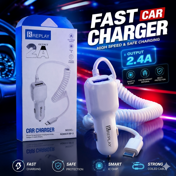 REPLAY 2.4A Fast Car Charger Adapter with Strong Coiled Cable | Smart IC Chip Rapid Charging & Multi-Protection Safety | Heavy Duty Universal Dual USB Car Charger for All Smartphones (Model: RP-11)