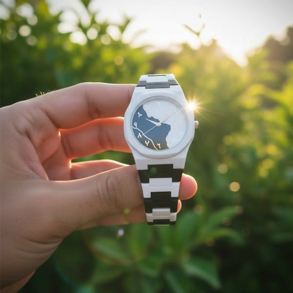 Original WHITE BLACK Arabic Aura Waterproof Wrist Watch: Trending Matte Finish Luxury Timepiece for Men & Boys special Premium Arabic Aura Watch 2026 watch: Luxury Minimalist Design with Butterfly Clasp & Fiber Chain for Men
