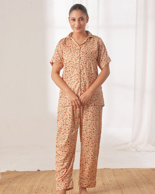 Sajiero Silk Pajama Suit with Scrunchie - Starlight Dream